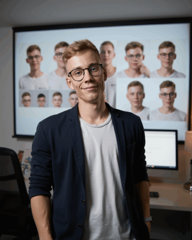 Prompt: Ein junger Mann steht locker im Büro mit Präsentationsbildschirm im Hintergrund, auf dem viele Gesichter zu sehen sind. Er trägt ein weißes T-Shirt mit dunkelblauem Sakko, schaut freundlich und professionell in die Kamera. Umgebung wirkt kreativ und modern.