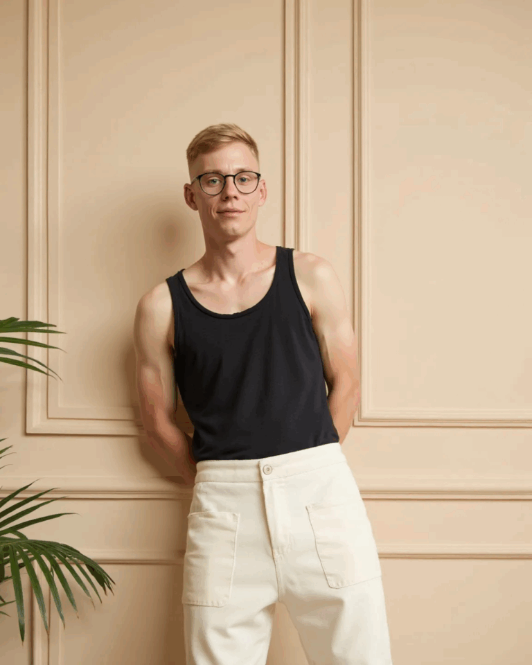 Prompt: Ein Mann steht vor beigefarbener Wand mit Zierleisten. Er trägt ein schwarzes Tanktop und weiße Hosen mit großen Taschen. Arme hinter dem Rücken verschränkt. Die Atmosphäre ist stilvoll-minimalistisch, mit einer Pflanze am Rand.