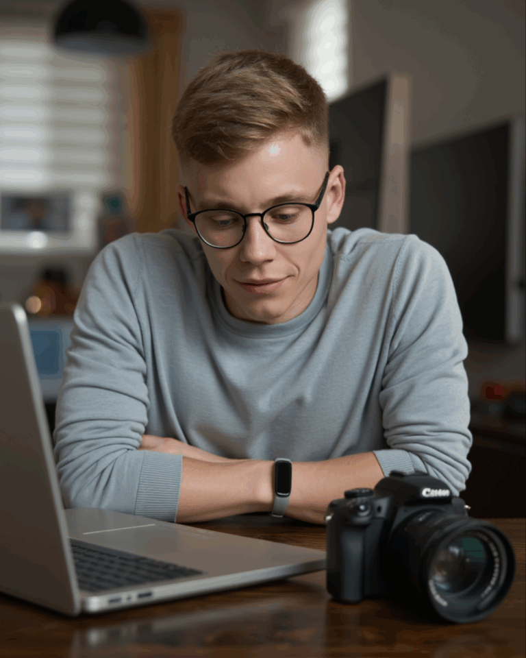 Prompt: Ein Mann sitzt an einem Tisch mit einem Laptop und einer Kamera (Canon) vor sich. Er trägt ein graues Sweatshirt und eine Smartwatch, schaut konzentriert nach unten. Der Hintergrund ist ein wohnliches, modernes Homeoffice mit gedämpftem Licht.